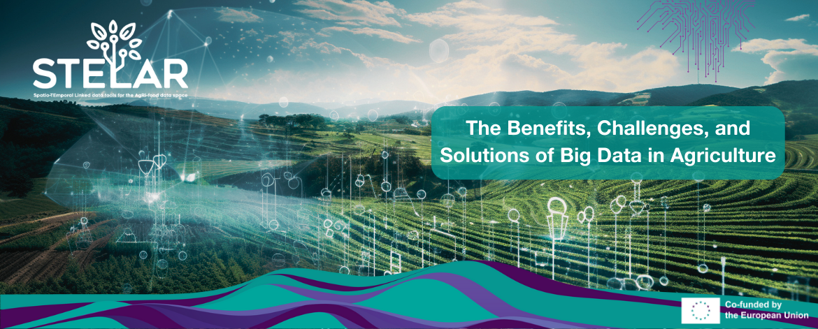 Image saying "The Benefits, Challenges, and Solutions of Big Data in Agriculture" with a field in the back